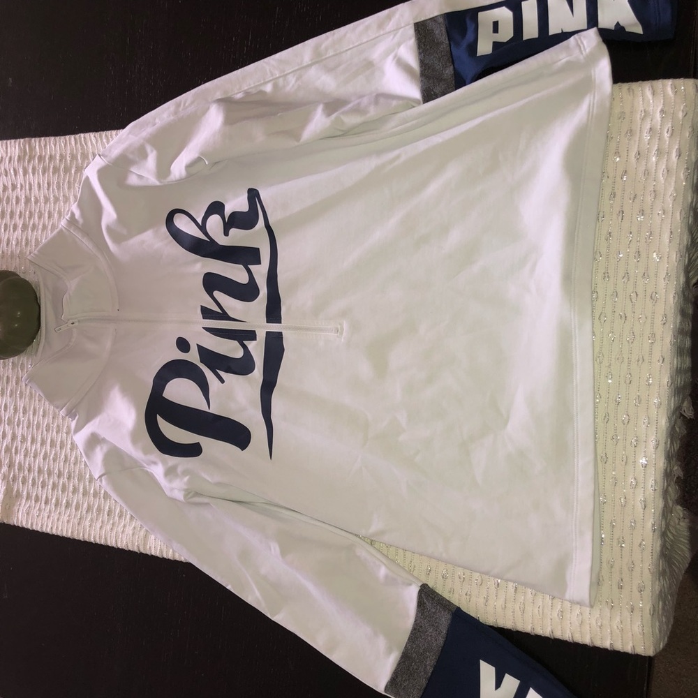 Blue and white PINK zip pullover. Offers accepted!